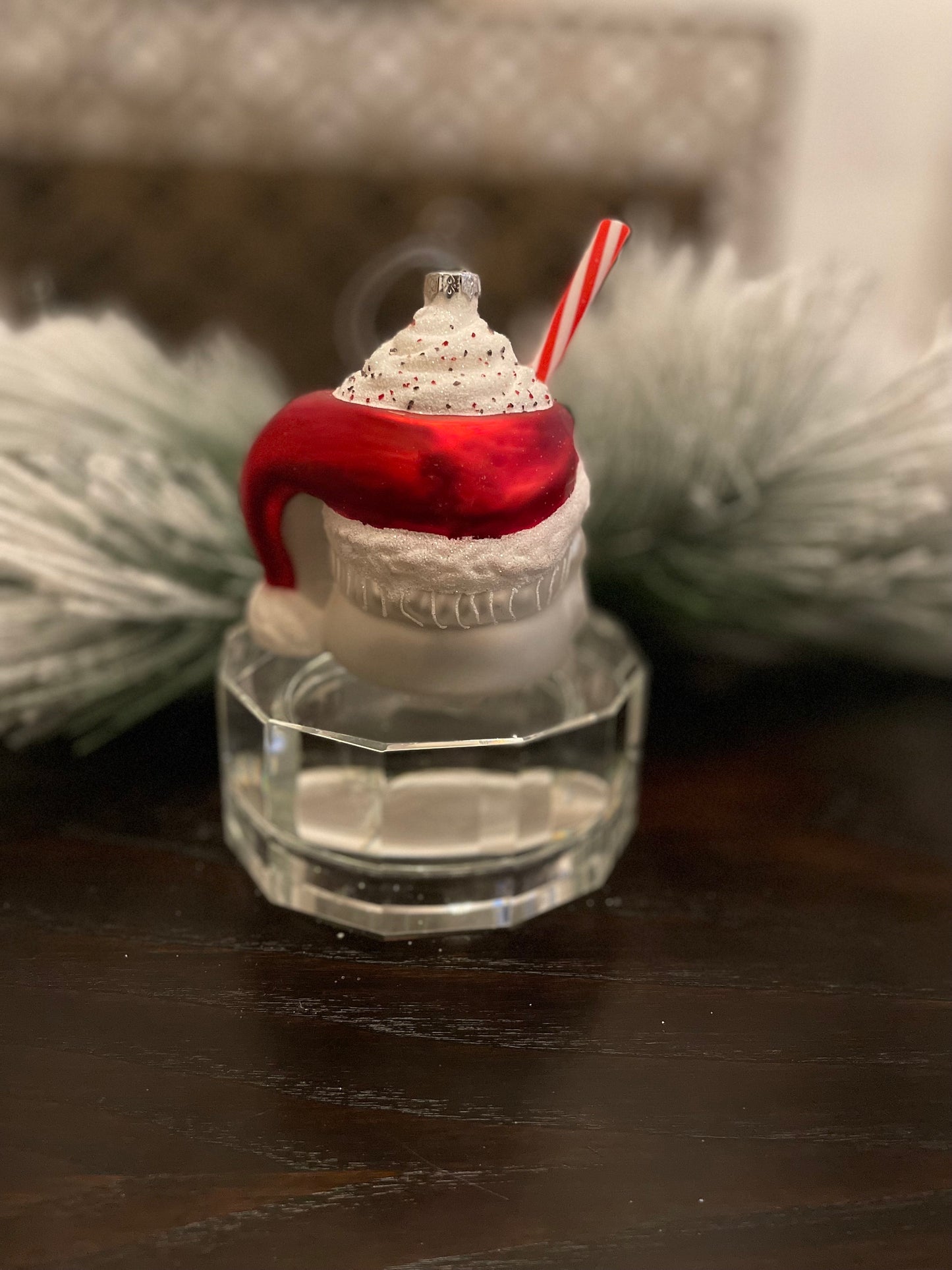 4" Santa mug with whipped cream ornament. Glass.