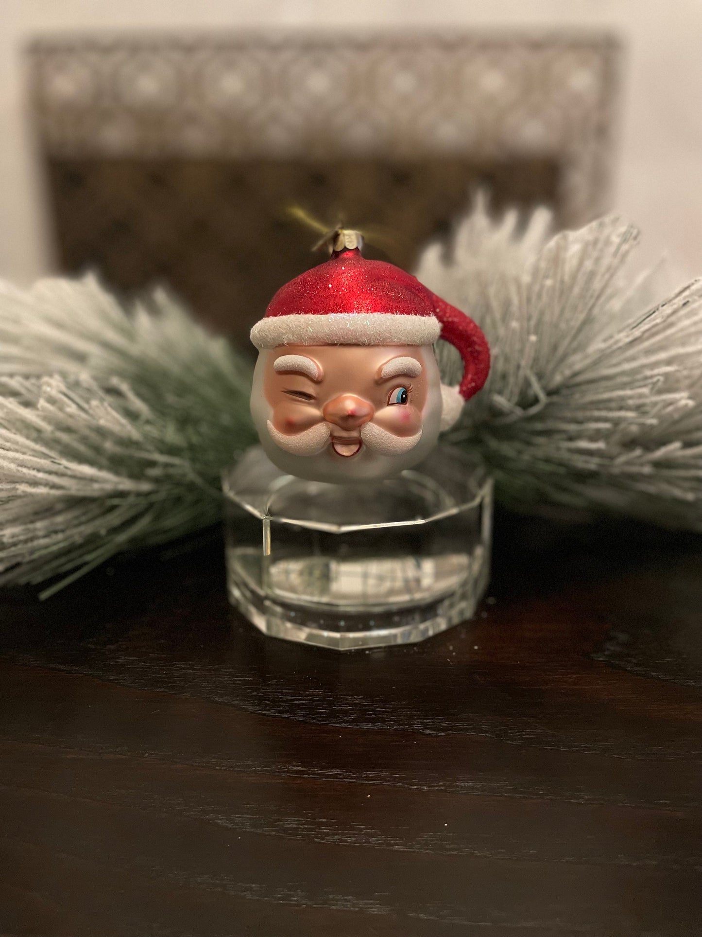 4" Winking Santa ornament. Glass.