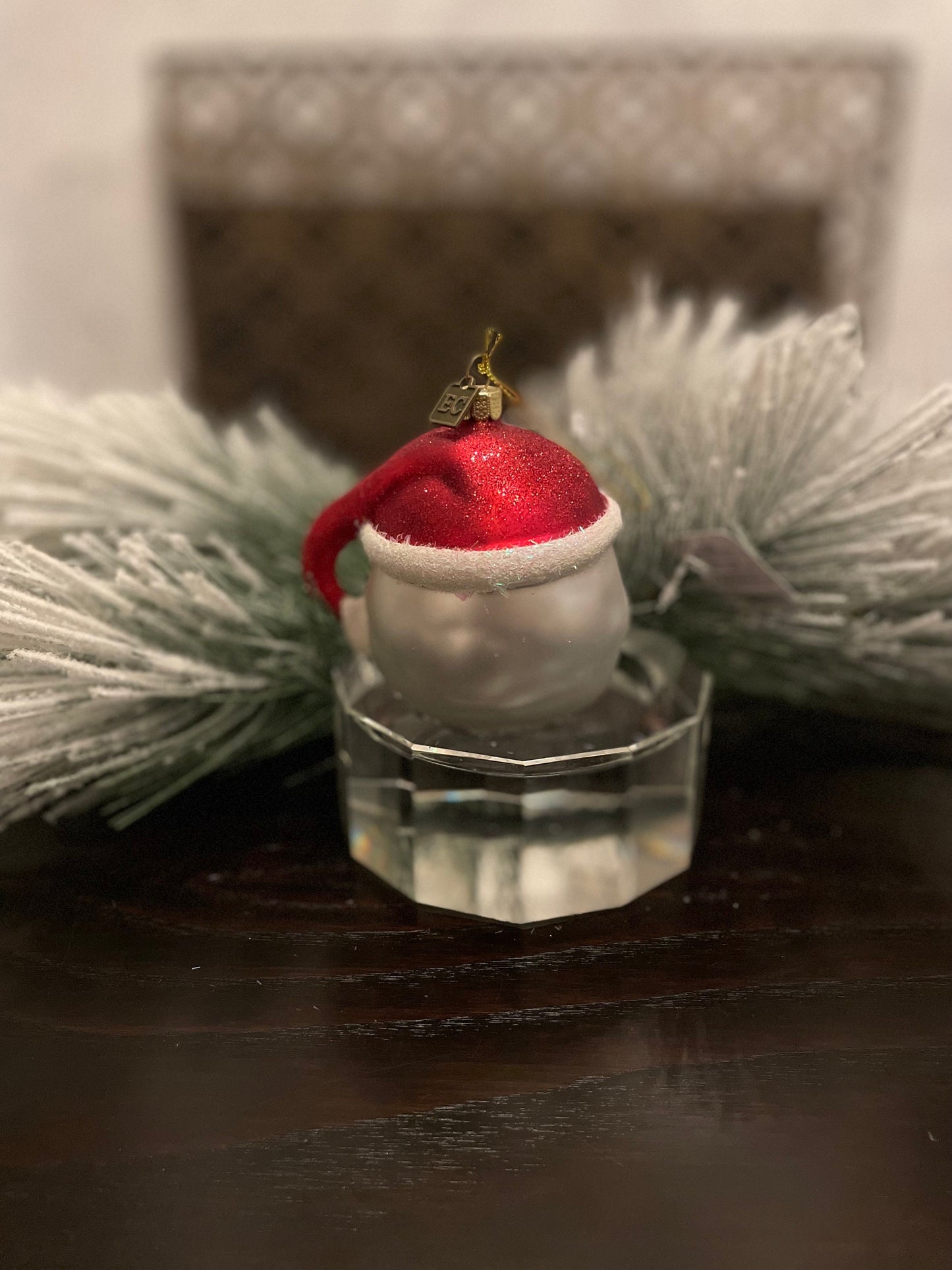 4" Winking Santa ornament. Glass.