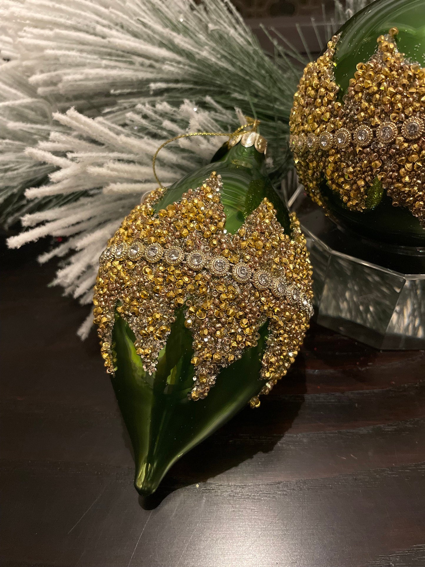 4" Green beaded glass ornaments set of 3. Ball, onion and finial.*