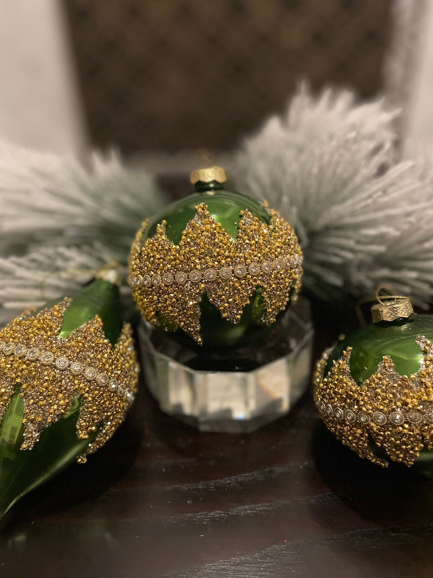 4" Green beaded glass ornaments set of 3. Ball, onion and finial.*
