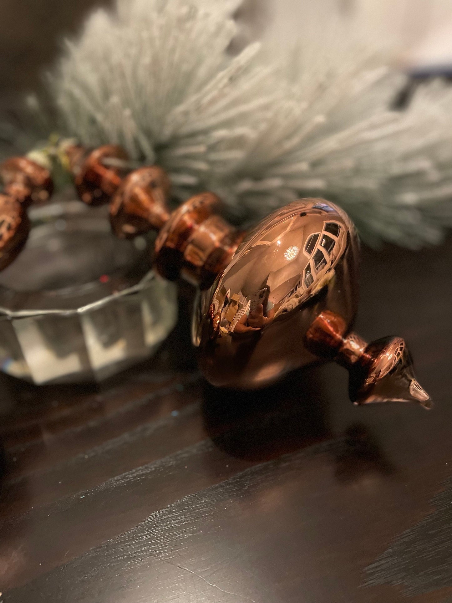 Set of 2. 10.25” Cooper finial glass ornament.