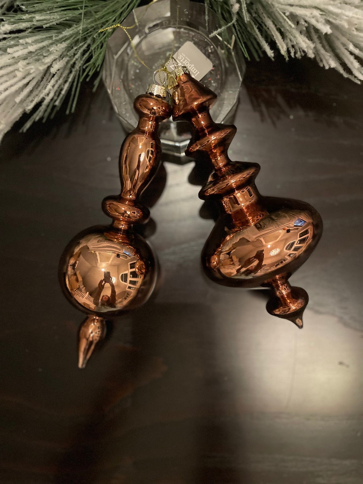 Set of 2. 10.25” Cooper finial glass ornament.