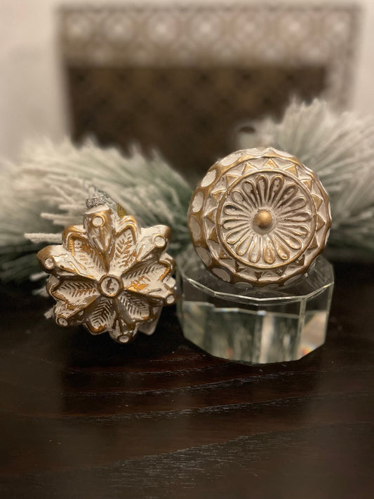 Set of 2. 4.75" Gold and white antique glass ornament.