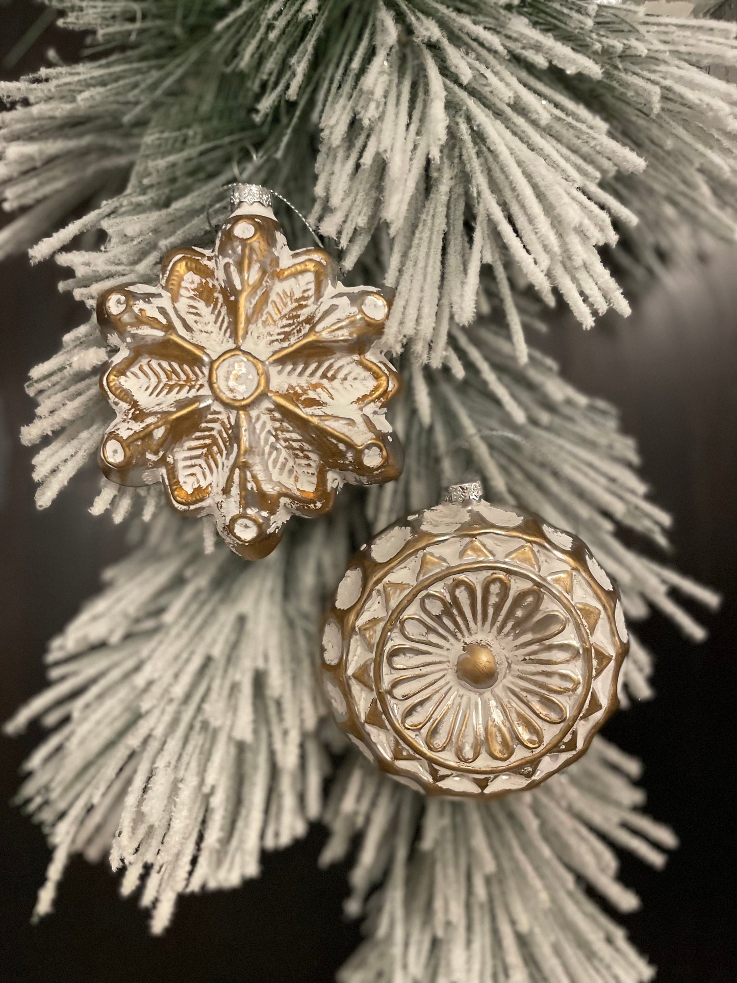 Set of 2. 4.75" Gold and white antique glass ornament.