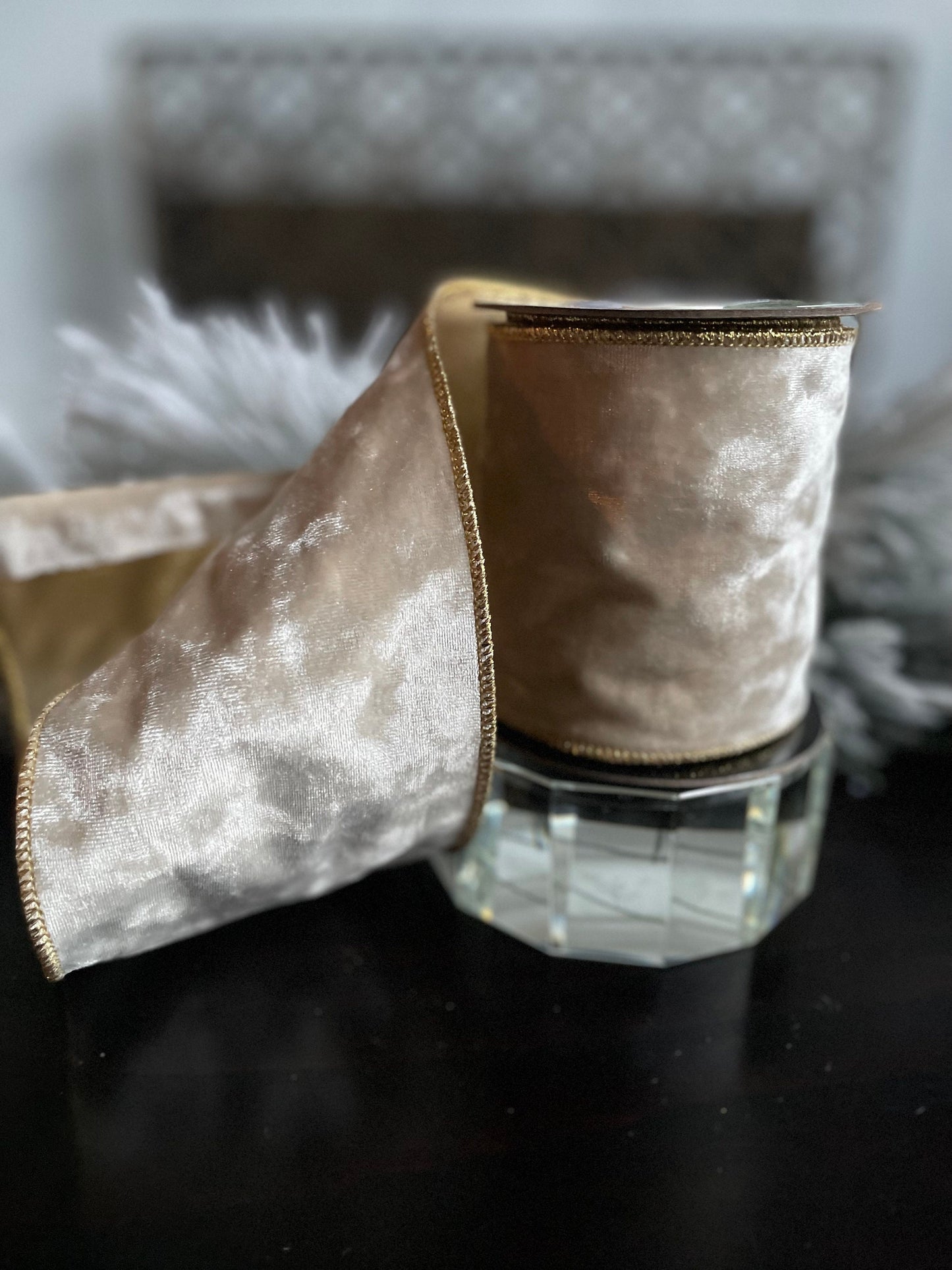 4” x 5 yds. Designer luxury textured champagne velvet ribbon. Wired. Regency.