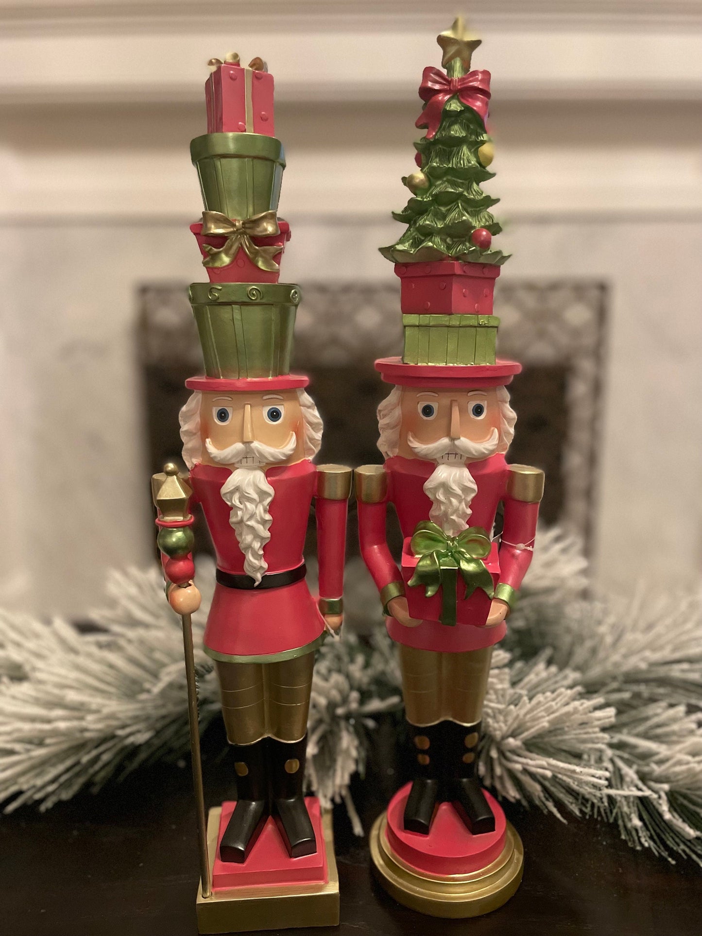 Set of 2. 19.5” Tree hat nutcracker. Pink. Resin.