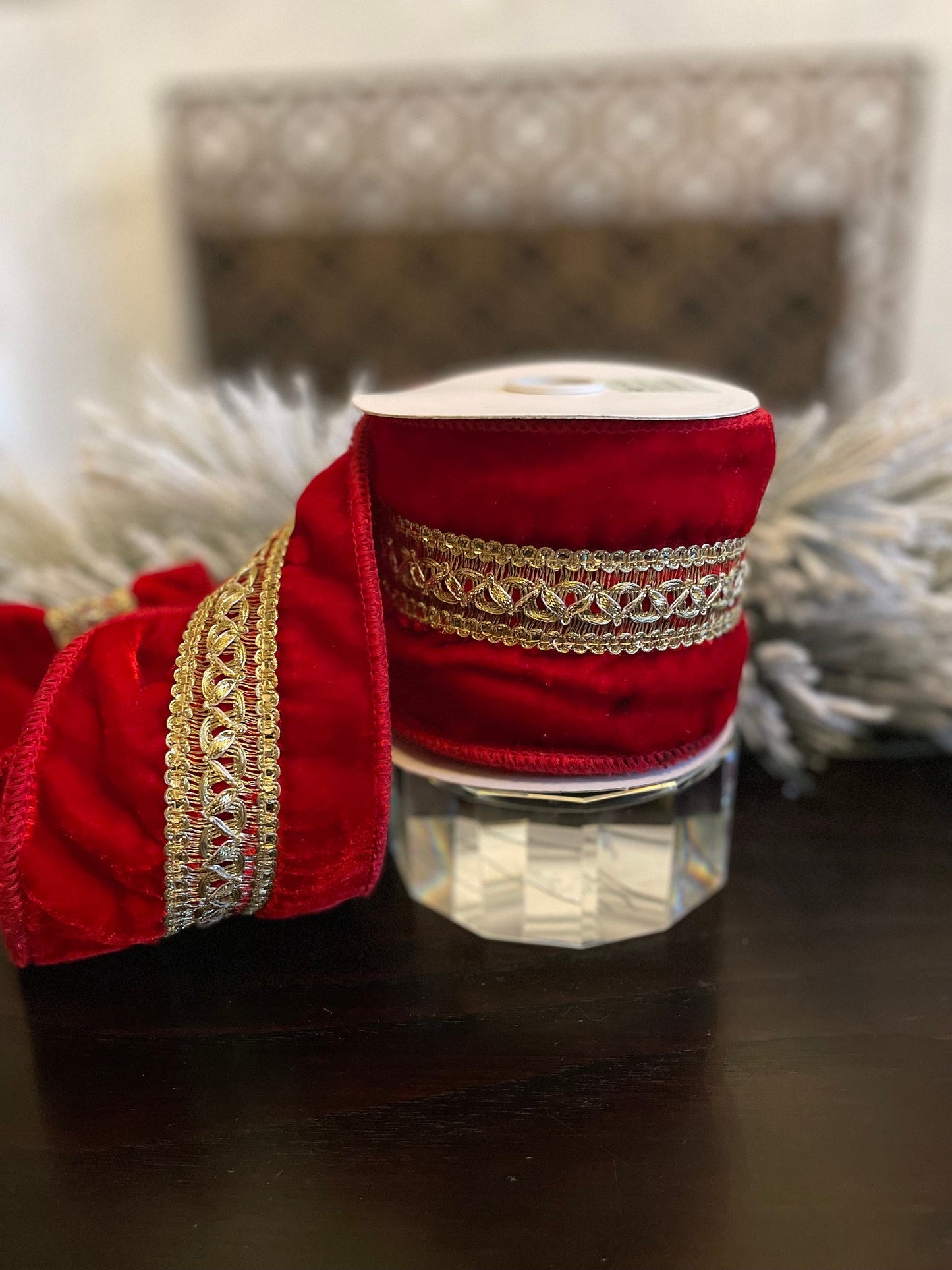 4” x 5 yds. Designer red and gold velvet with jewels ribbon. Wired. Regency.