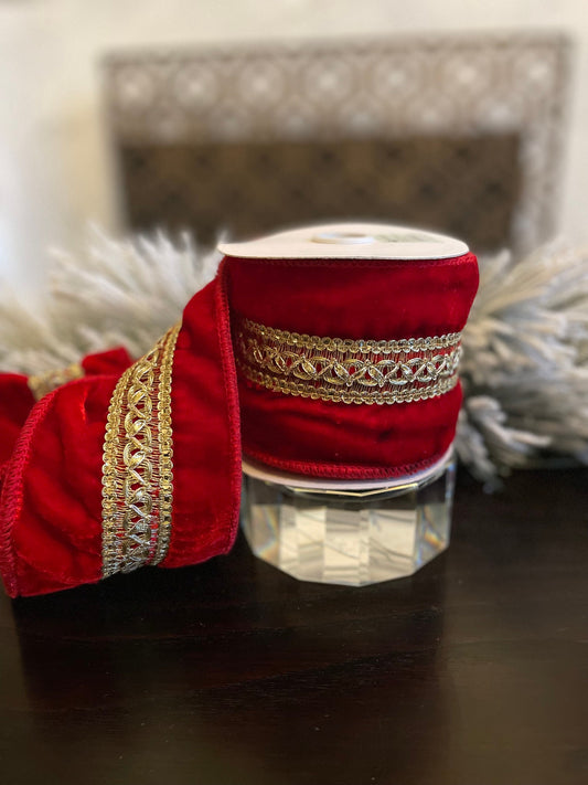 4” x 5 yds. Designer red and gold velvet with jewels ribbon. Wired. Regency.