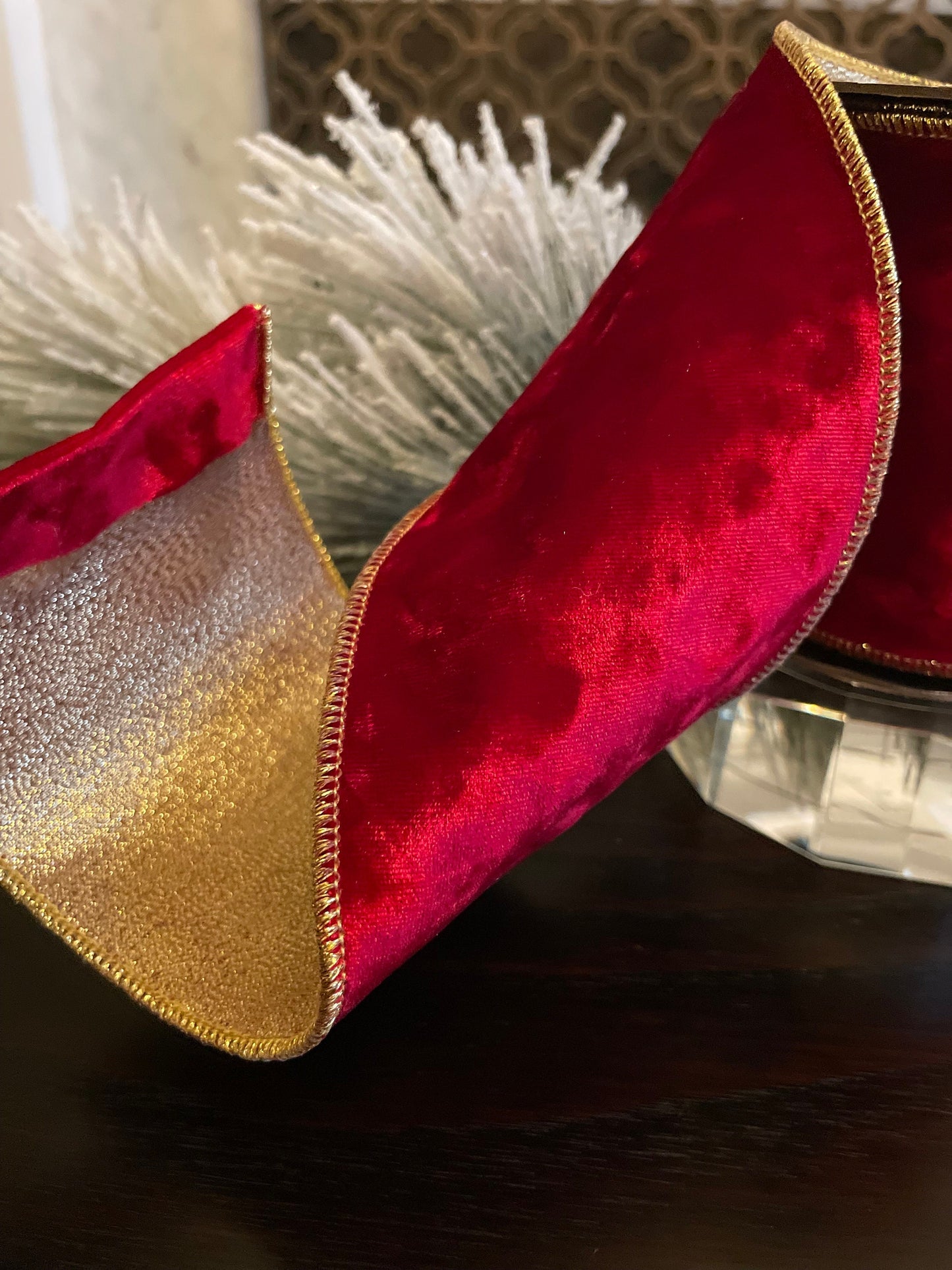 4” x 5 yds. Designer red luxury textured velvet ribbon. Wired. Regency.
