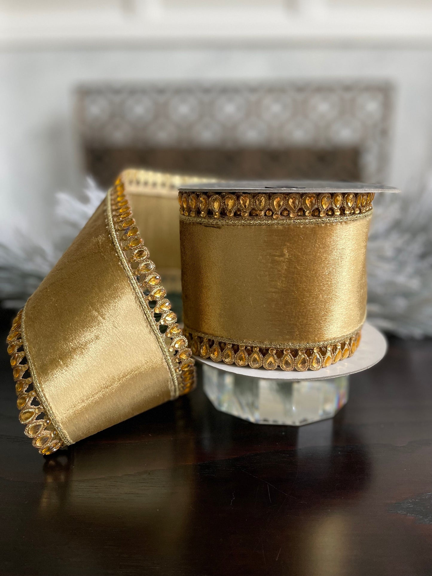4” x 5 yds. Jewel plumes gold ribbon. Wired. Farrisilk.
