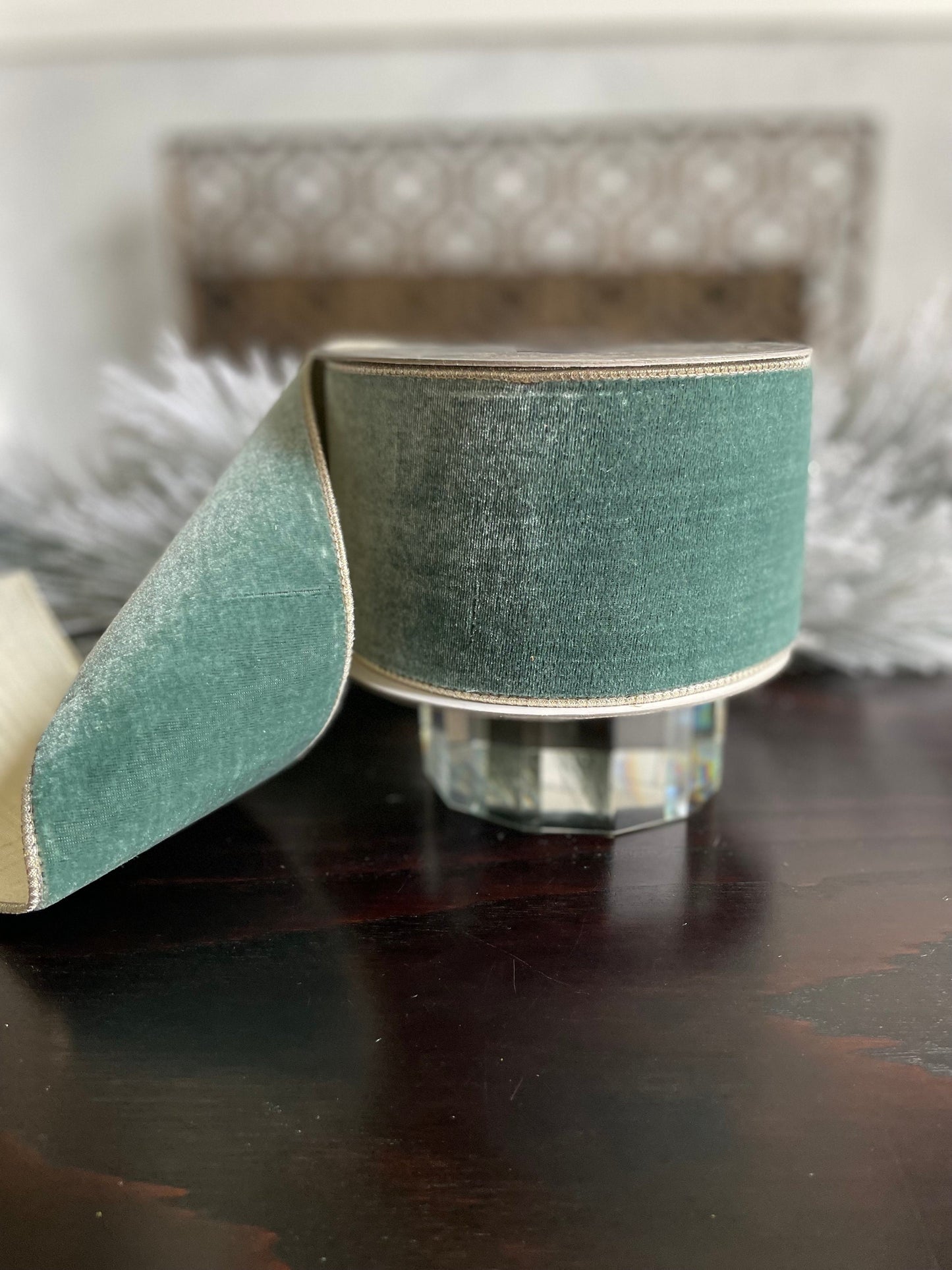 4” x 10 yds. Designer flashy velvet celadon ribbon. Wired. Farrisilk.