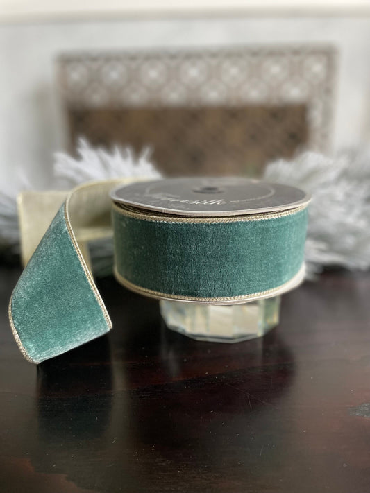 2.5” x 10 yds. Designer flashy velvet celadon ribbon. Wired. Farrisilk.
