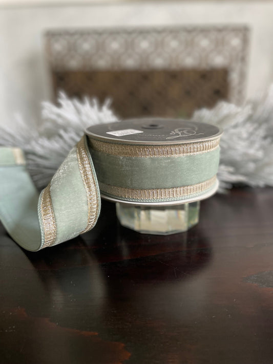 2.5” x 10 yds. Designer pleated borders velvet light blue- platinum ribbon. Wired. Farrisilk.