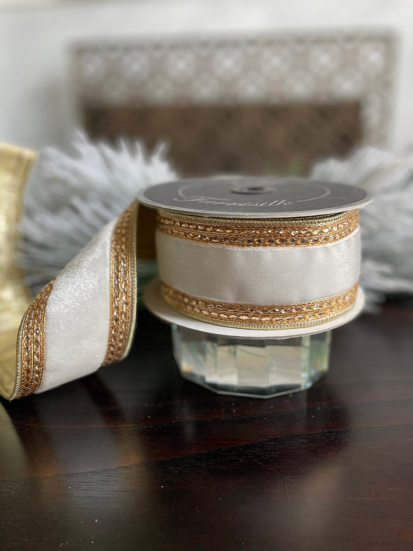 2.5” x 5 yds. Designer Queen Victoria velvet ivory ribbon with gold jewel trim. Wired. Farrisilk . Gorgeous!*