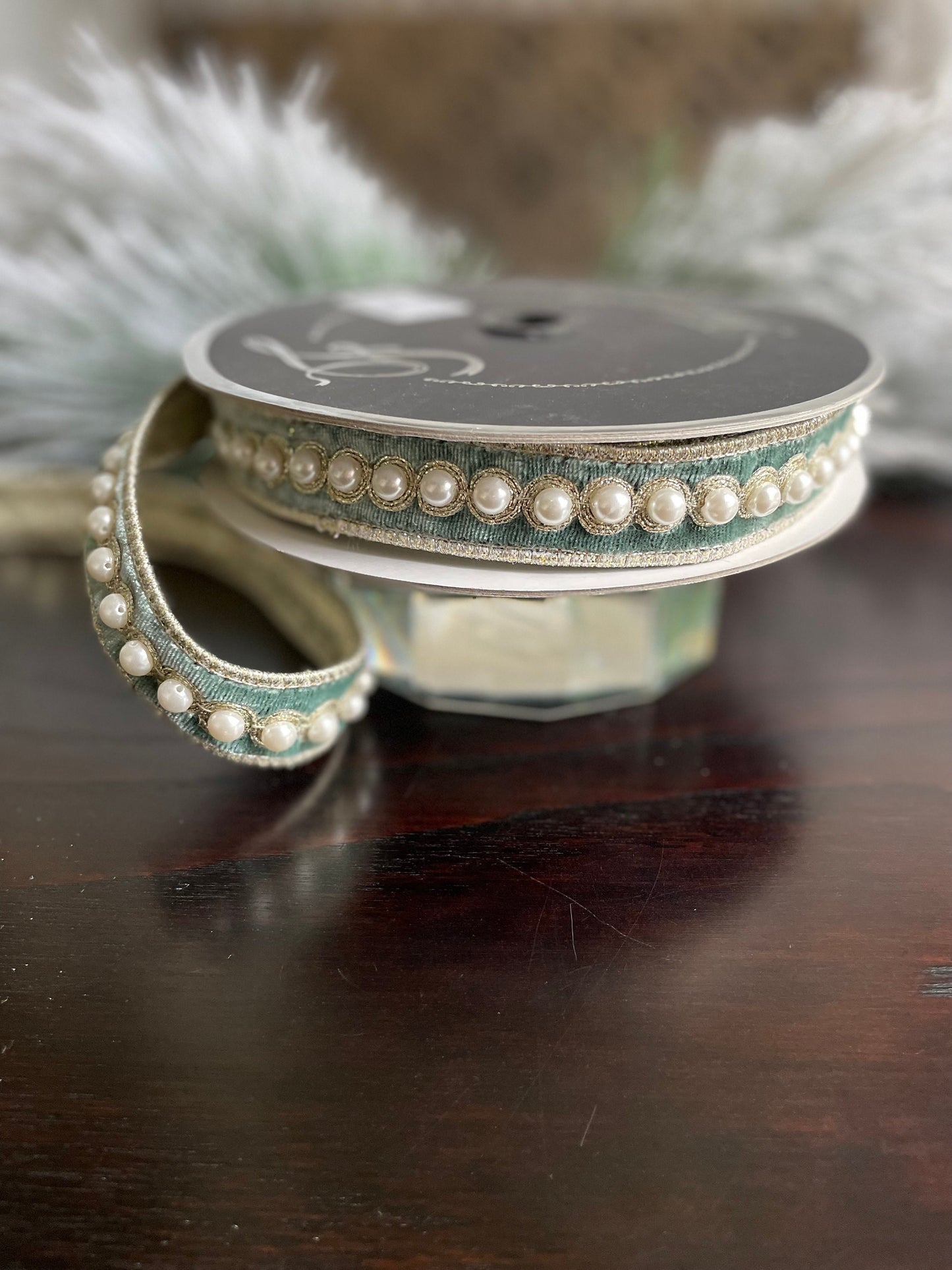 1” x 5 yds. Designer pearl borders velvet celadon ribbon. Wired. Farrisilk.