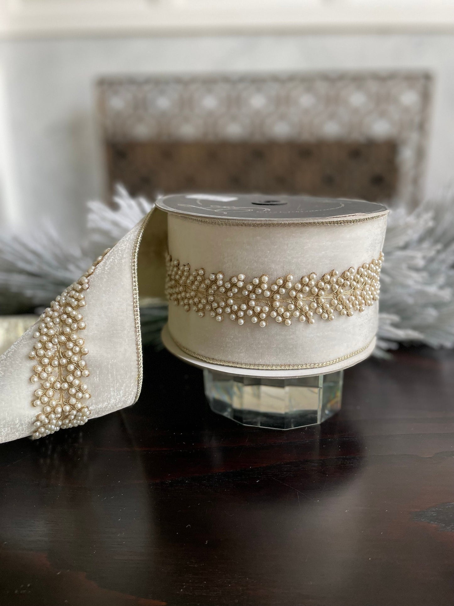 4” x 5 yds. Designer ivory royal pearl vine velvet ribbon. Wired. Farrisilk.