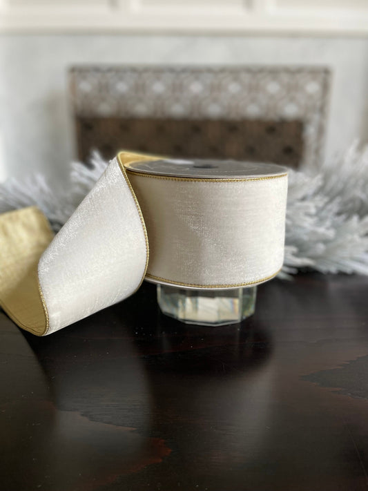 4” x 10 yds. Designer flashy velvet ivory ribbon. Wired. Farrisilk.