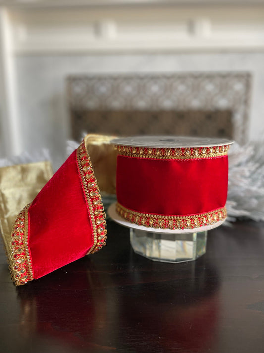4” x 5 yds. Velvet King Edward red. Jeweled. Wired. Farrisilk.*