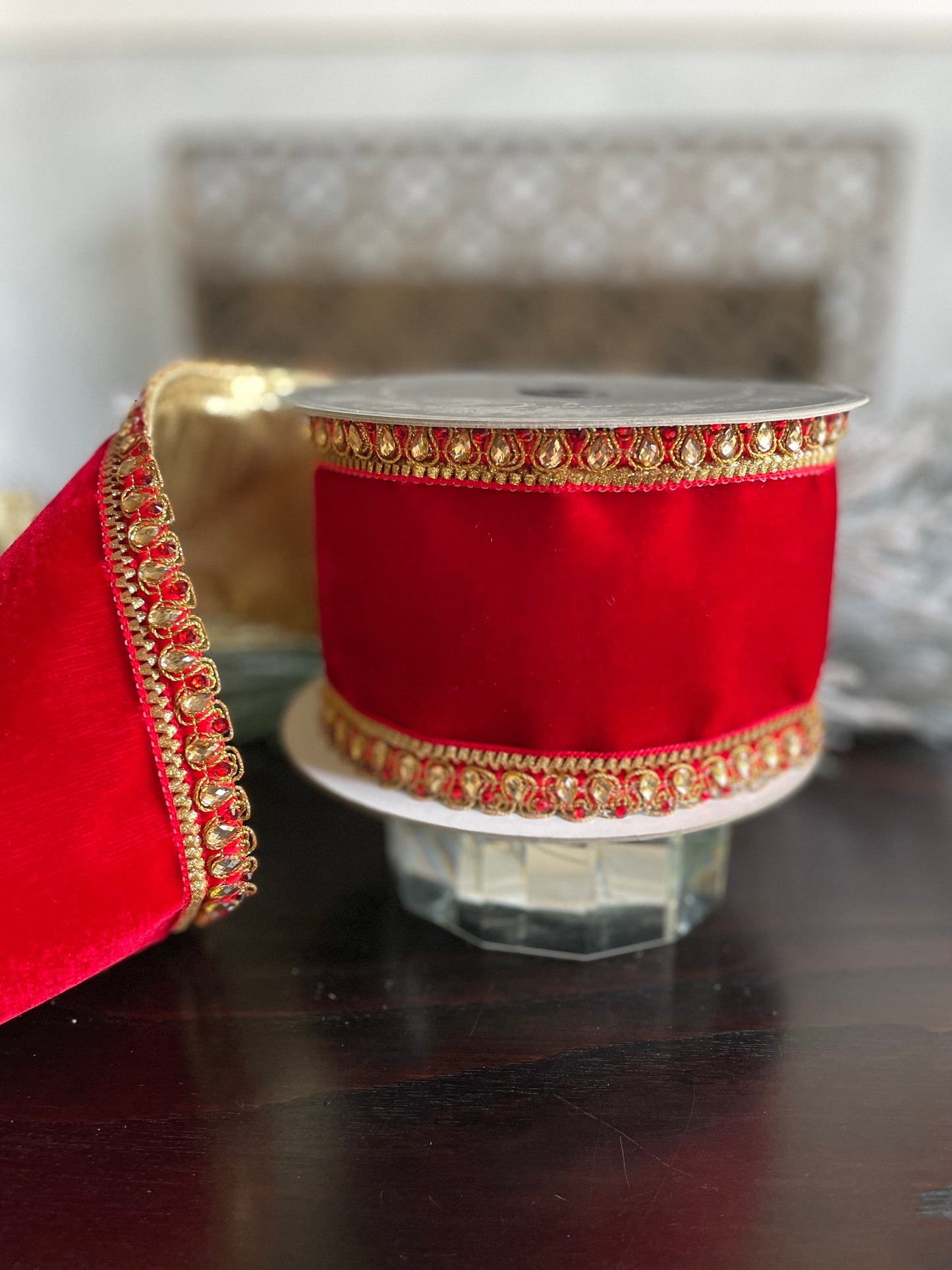 4” x 5 yds. Velvet King Edward red. Jeweled. Wired. Farrisilk.*