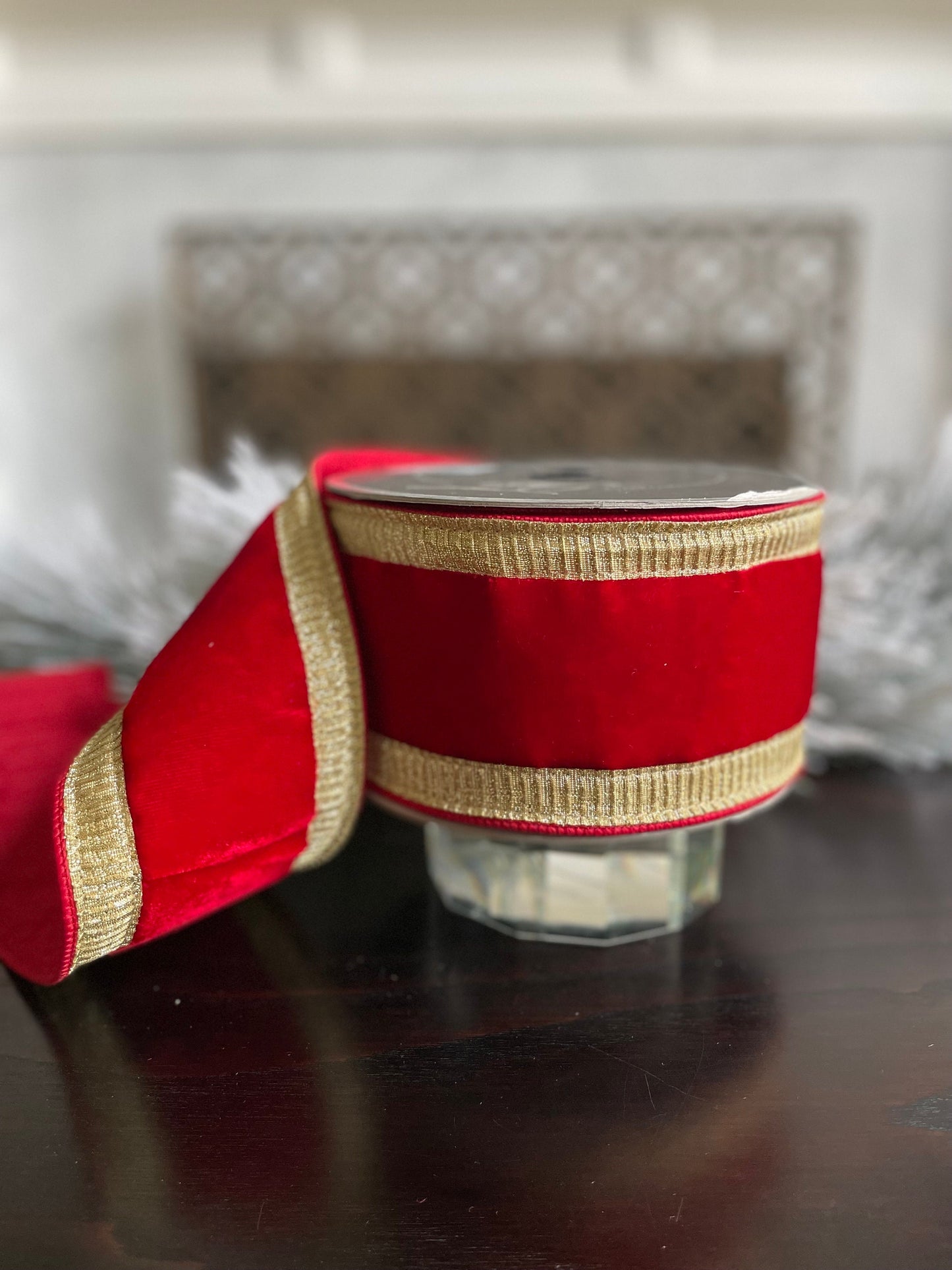 4” x 10 yds Designer pleated borders ribbon, red velvet ribbon with gold borders. Wired. Farrisilk.