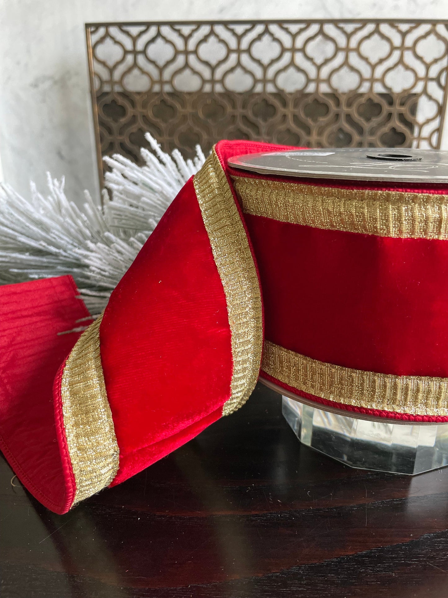 4” x 10 yds Designer pleated borders ribbon, red velvet ribbon with gold borders. Wired. Farrisilk.
