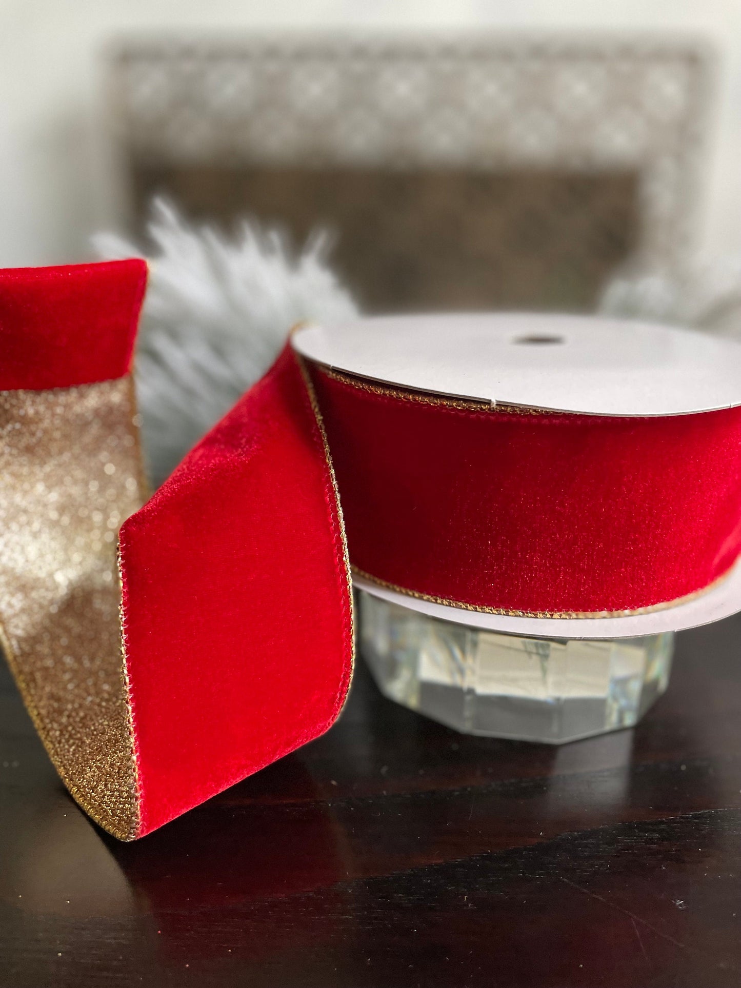 2.5” x 10 yds. Designer red velvet and gold glitter ribbon. Wired. Farrisilk.