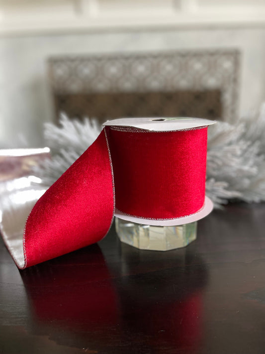 4” x 10 yds. Red velvet and silver back ribbon. Wired. Regency.