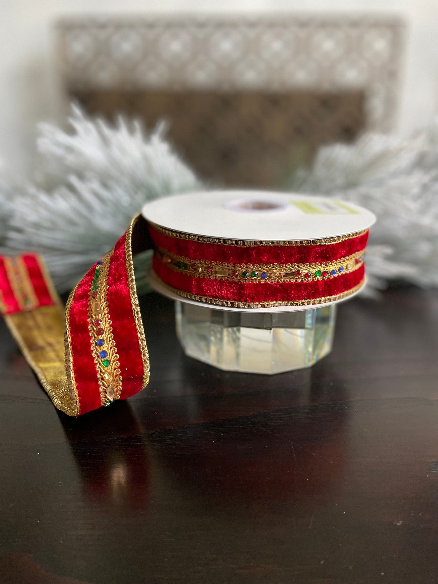 1.5” x 5 yds. Designer red diamond jewel trim velvet ribbon. Wired. Regency. Gorgeous!*