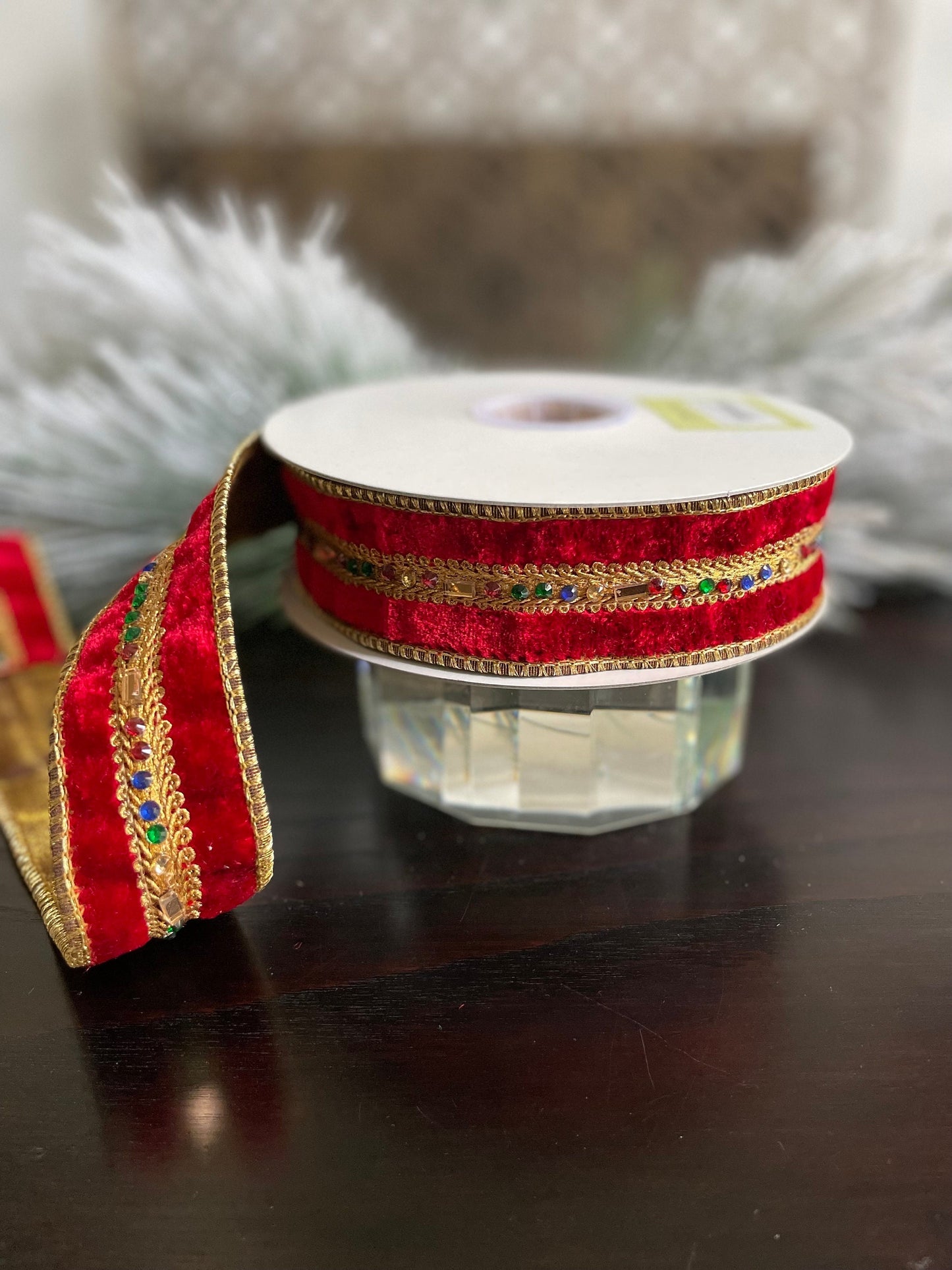 1.5” x 5 yds. Designer red diamond jewel trim velvet ribbon. Wired. Regency. Gorgeous!*
