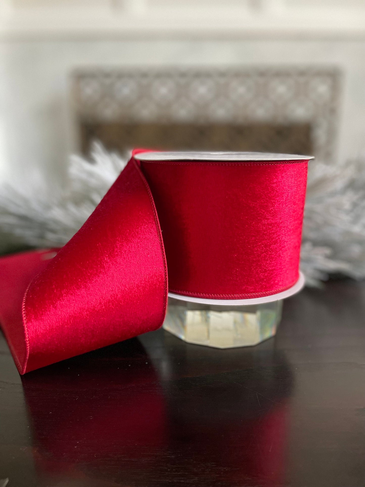4” x 10 yds. Burgundy velvet with dupion back ribbon. Wired. Regency.
