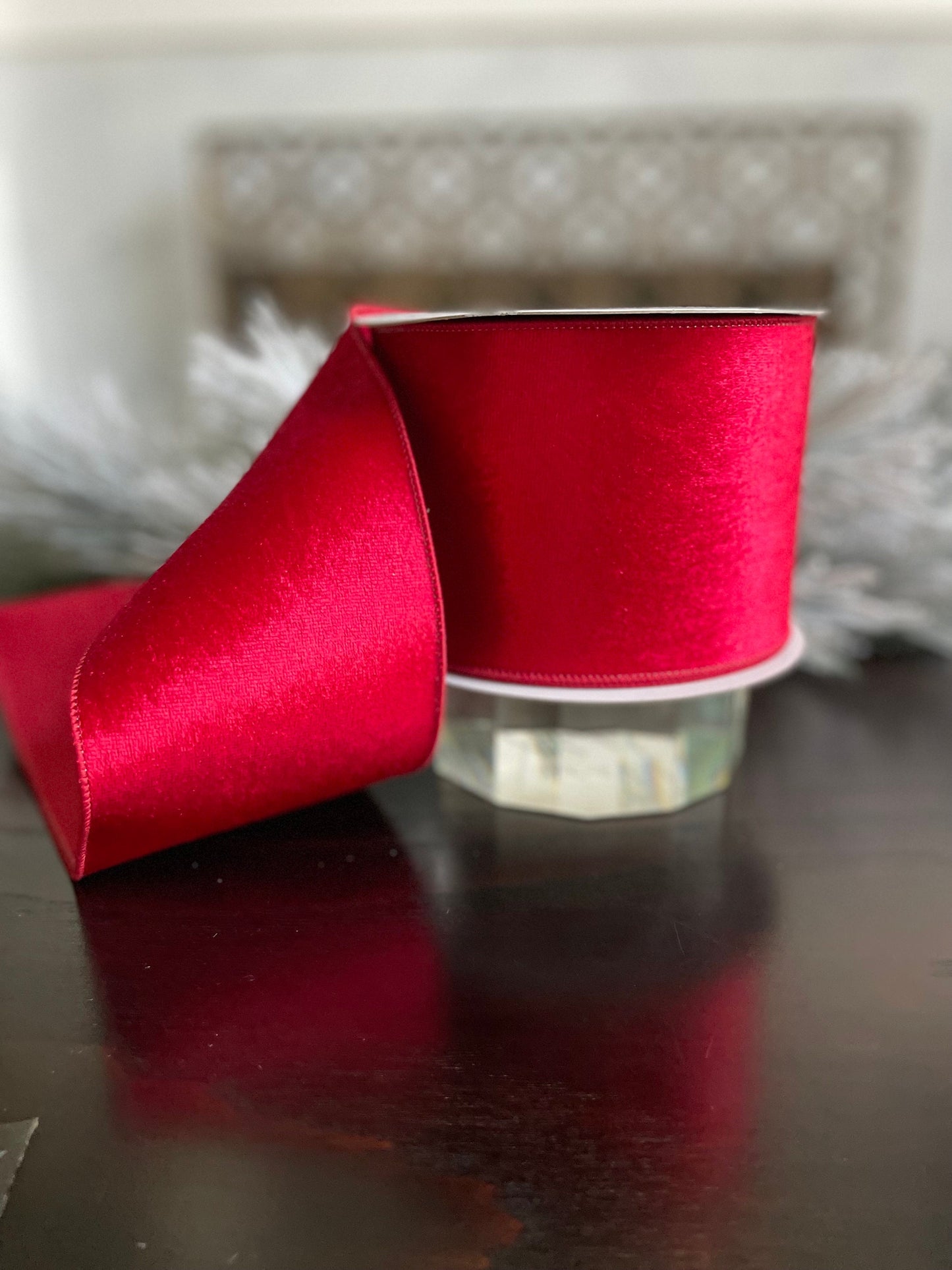 4” x 10 yds. Burgundy velvet with dupion back ribbon. Wired. Regency.