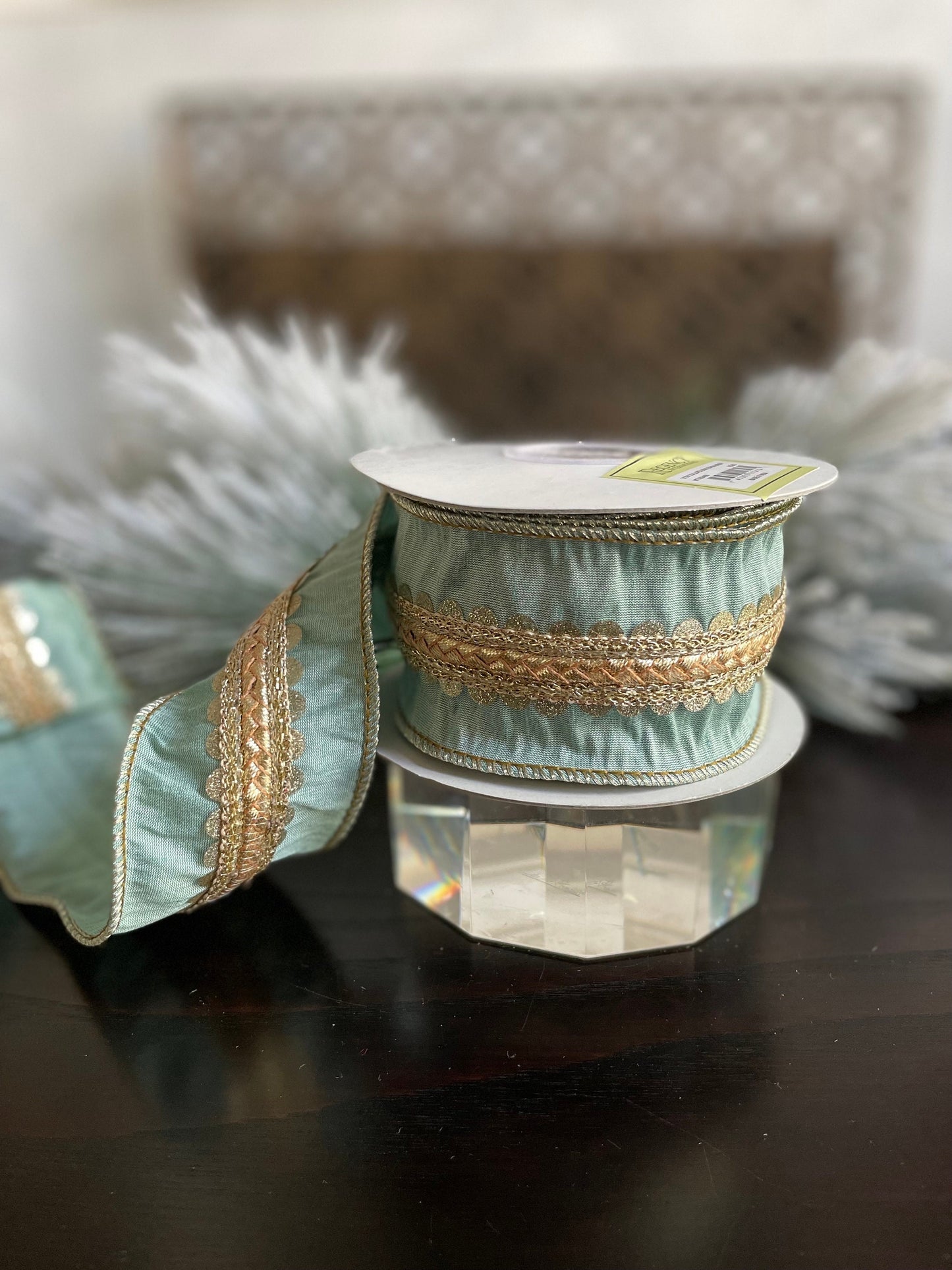 2.5” x 5 yds Designer aqua and light gold scalloped braid dupion ribbon. Wired. Regency.