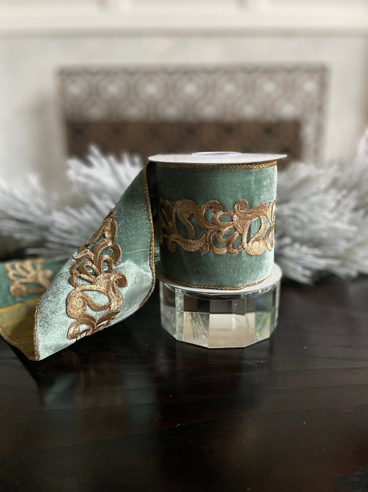 4” x 5 yds. Designer aqua and gold laser cut trim velour/ tissue ribbon. Wired. Regency.