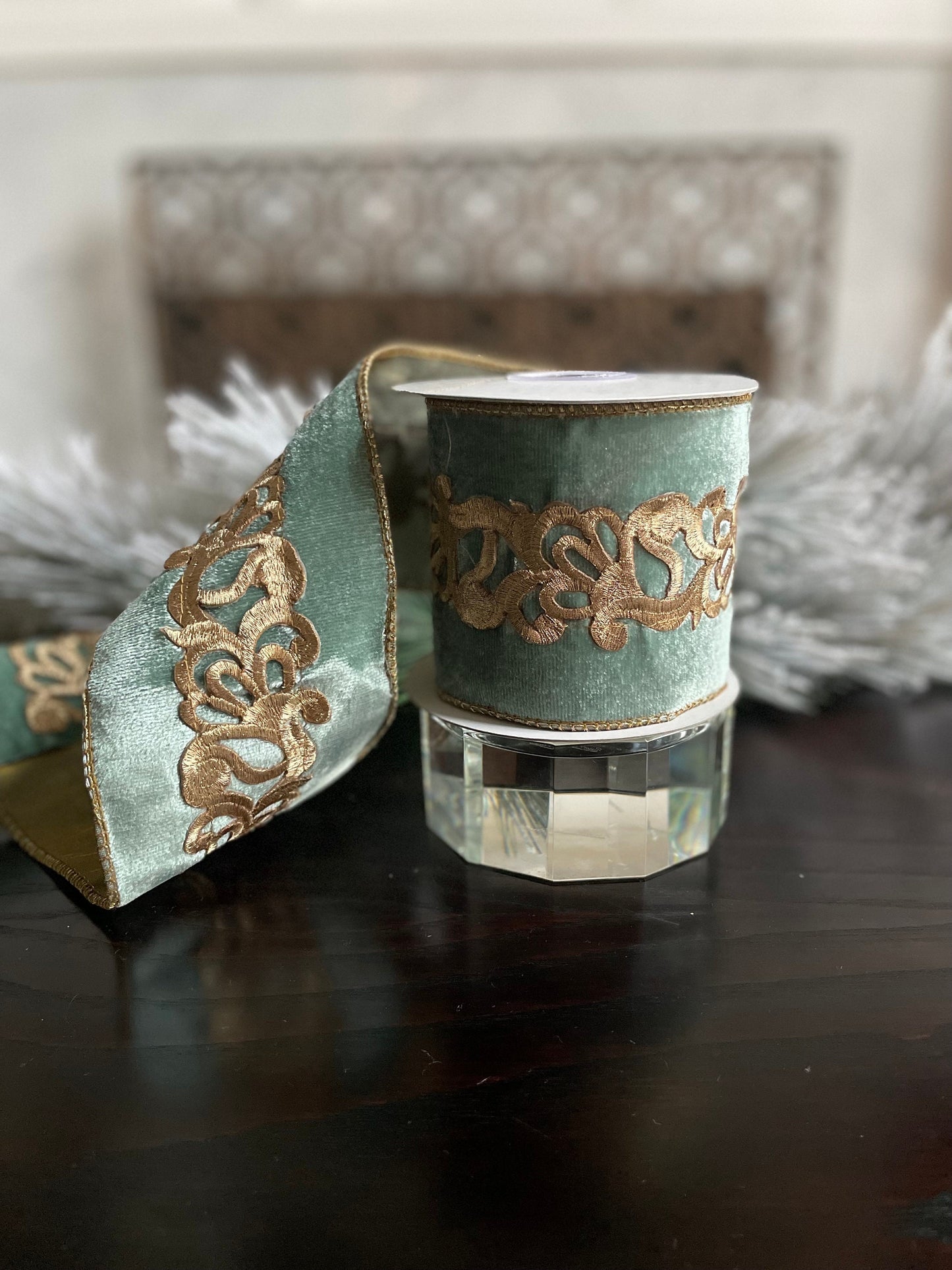 4” x 5 yds. Designer aqua and gold laser cut trim velour/ tissue ribbon. Wired. Regency.