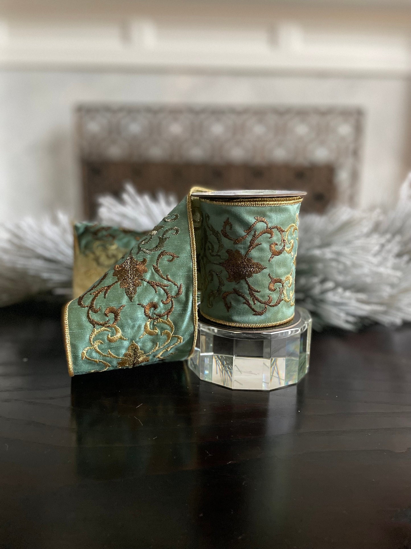 4” x 5 yds. Designer aqua and gold embroidered leaf filigree ribbon. Wired. Regency.