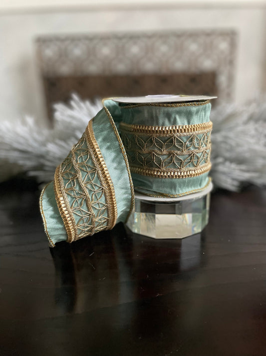 4” x 5 yds. Designer aqua and metallic gold trim dupion ribbon. Wired. Regency.