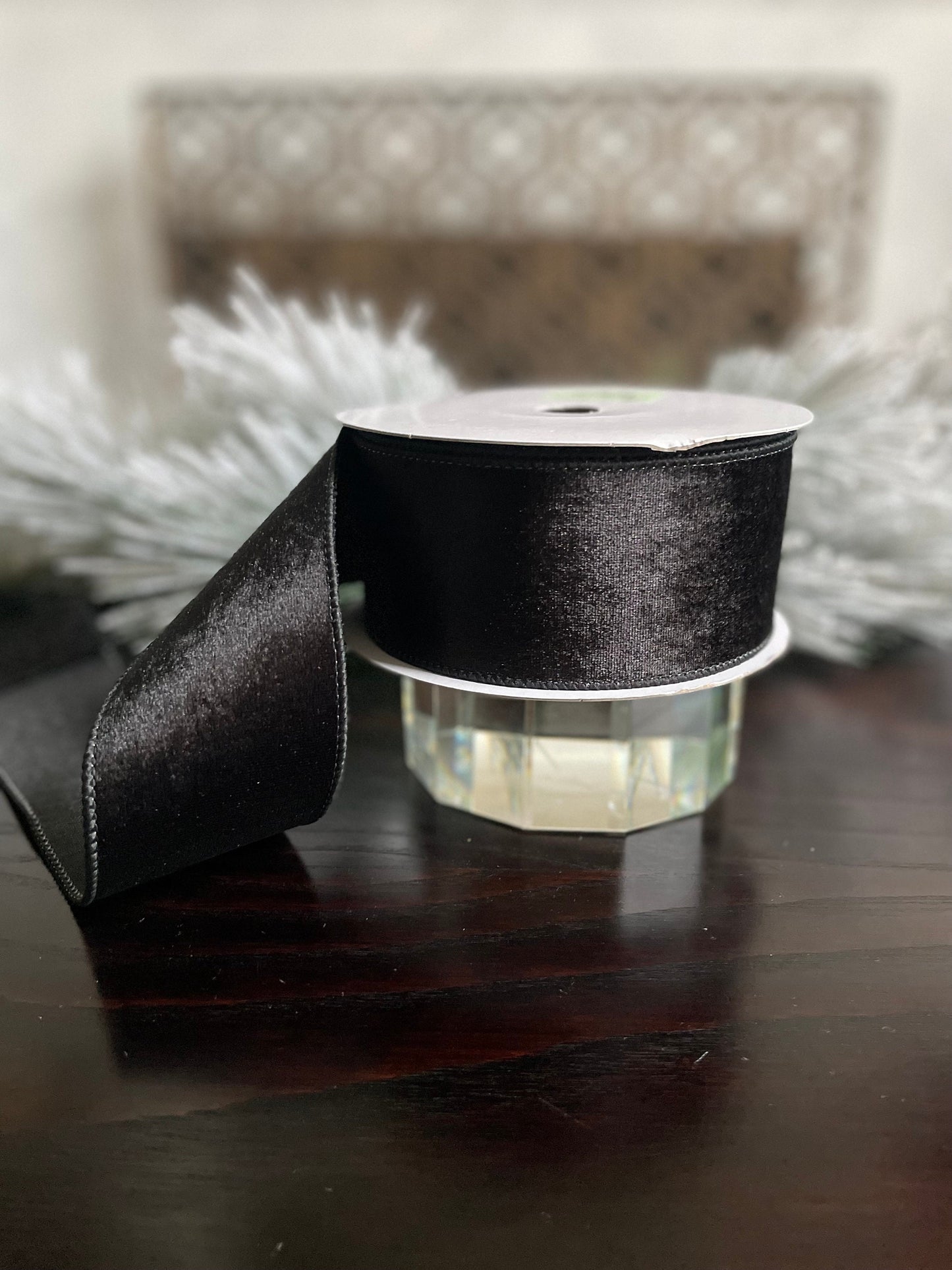 2.5” x 10 yds. Designer black velvet with dupion back ribbon. Wired. Regency.