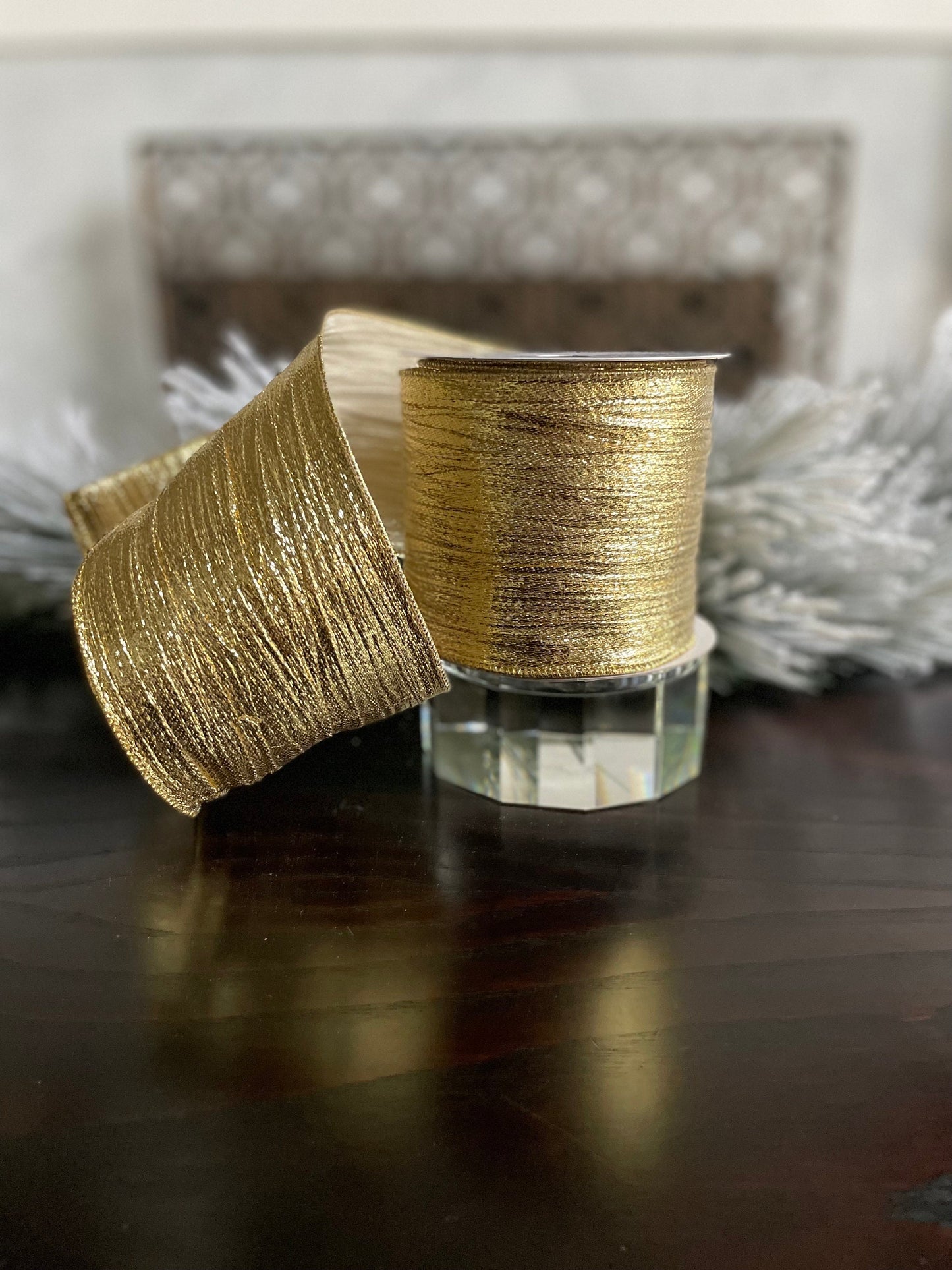 4” x 10 yds. Gold woven guilded metallic ribbon. Wired. Regency.