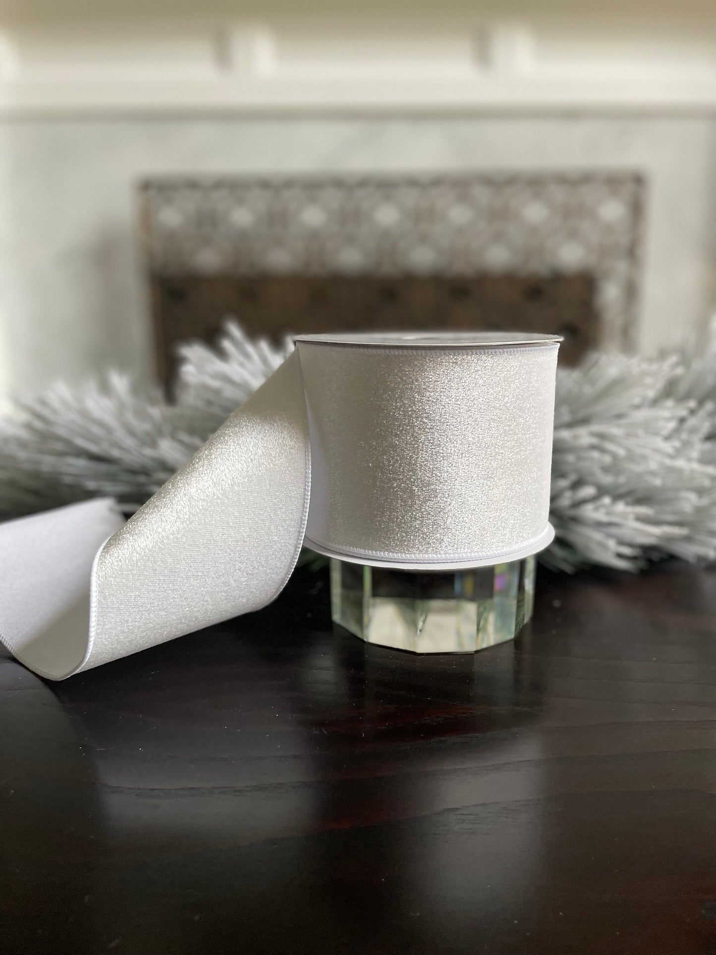 4” x 10 yds. White velvet with dupion back ribbon. Wired. Regency.