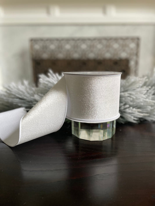 4” x 10 yds. White velvet with dupion back ribbon. Wired. Regency.