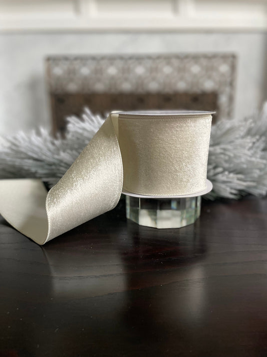 4” x 10 yds. Ivory velvet with dupion back ribbon. Wired. Regency.