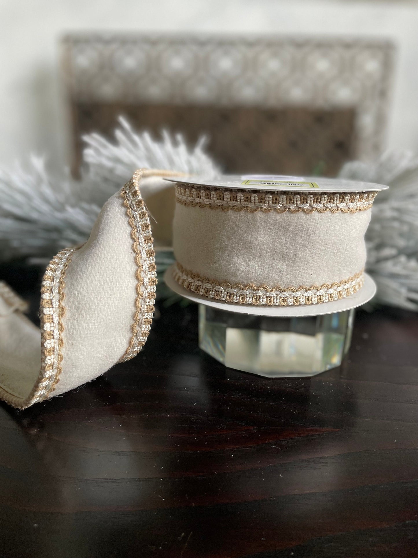 2.5” x 5 yds Designer jute trim on cream wool felt ribbon. Wired. Regency.