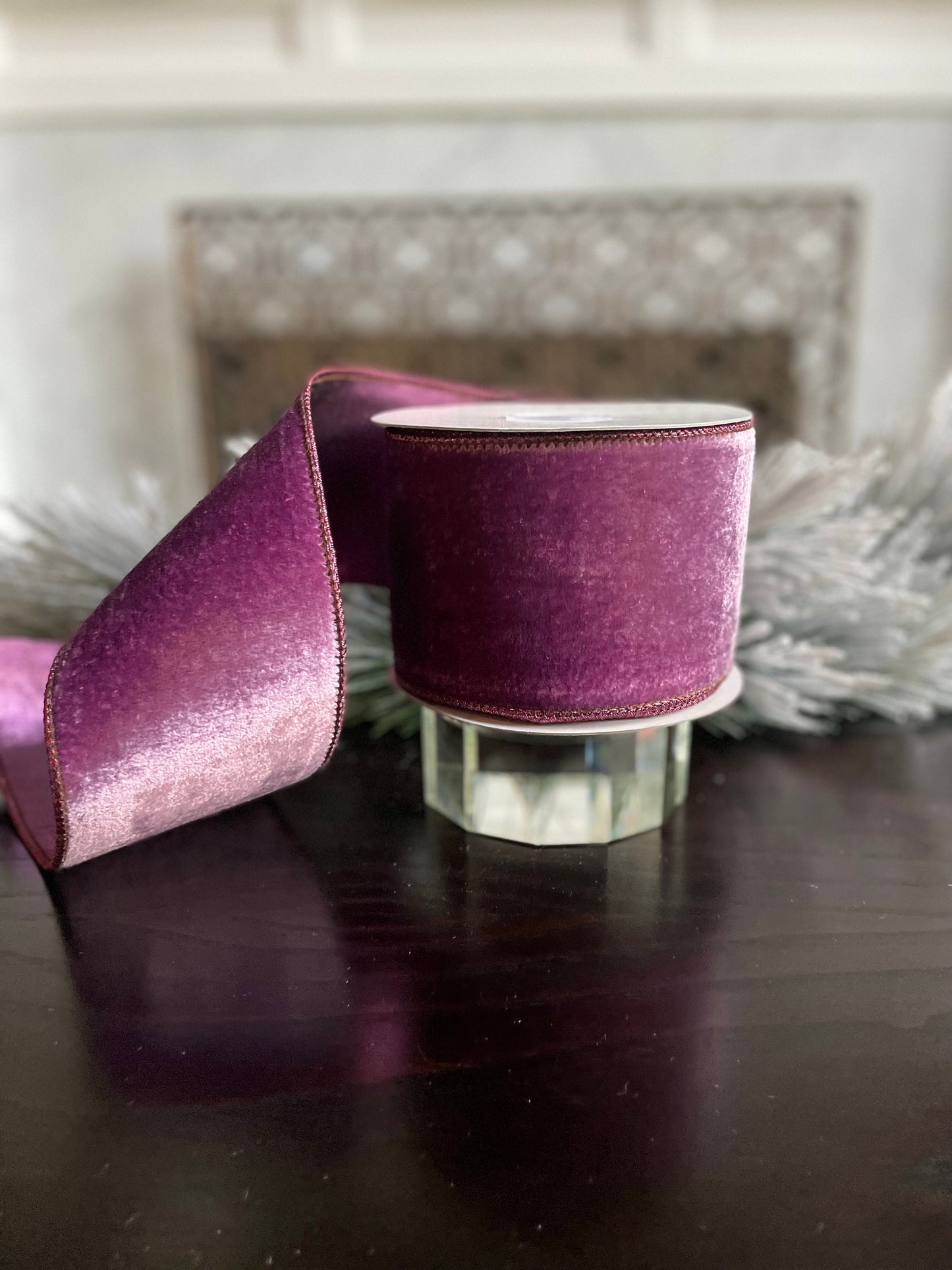 4” x 10 yds. Lavender crown velvet metallic back ribbon. Wired. Regency.