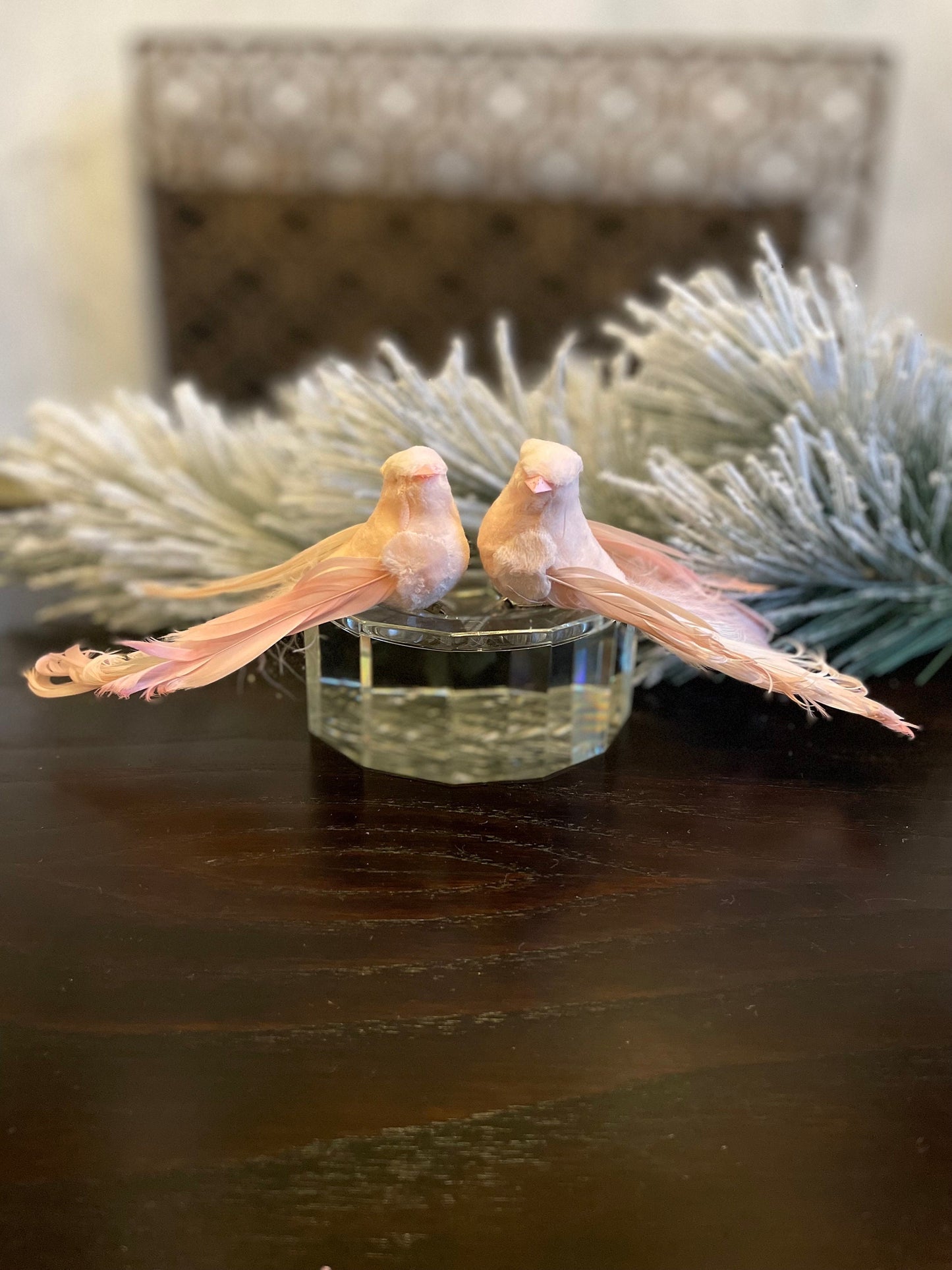 6” Pair of velvet and feather fluffy tail bird clip ornaments. Soft pink. 1 set of 2 birds.
