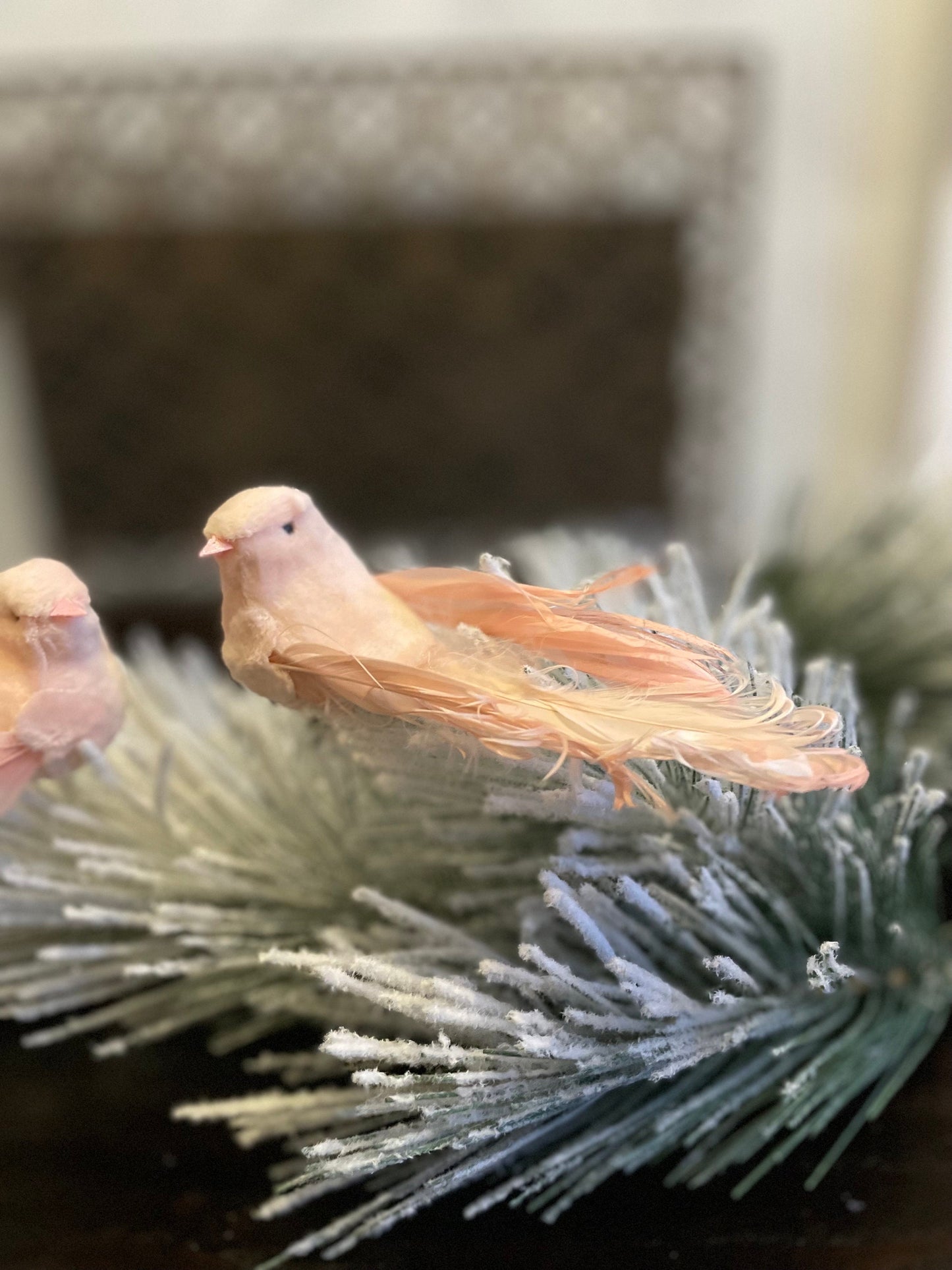 6” Pair of velvet and feather fluffy tail bird clip ornaments. Soft pink. 1 set of 2 birds.