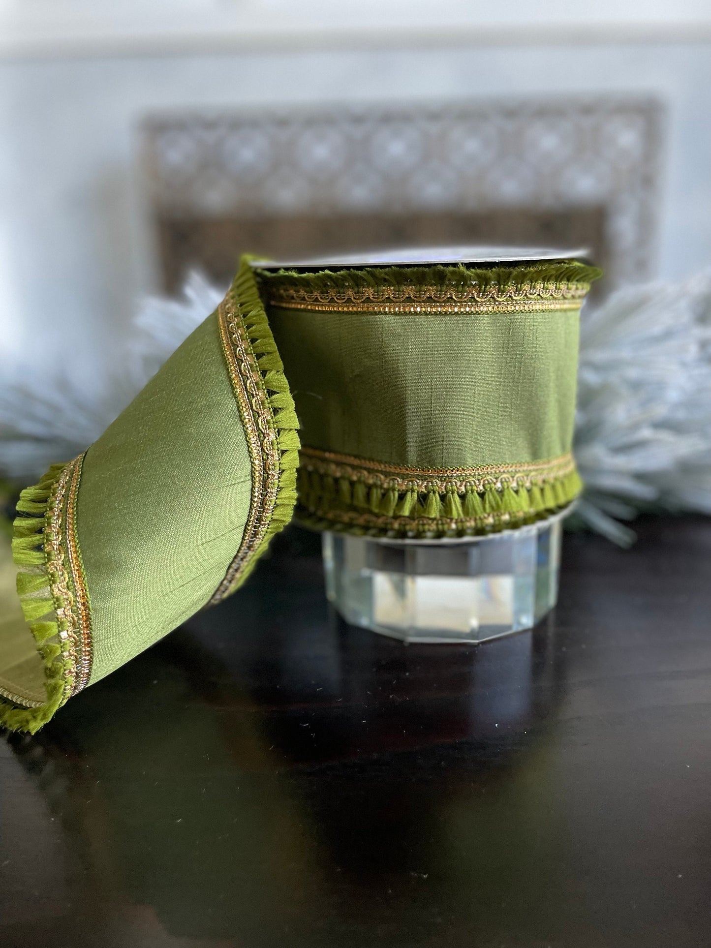 4” x 10 yds. Green tassle trim wired ribbon. Wired. Raz.