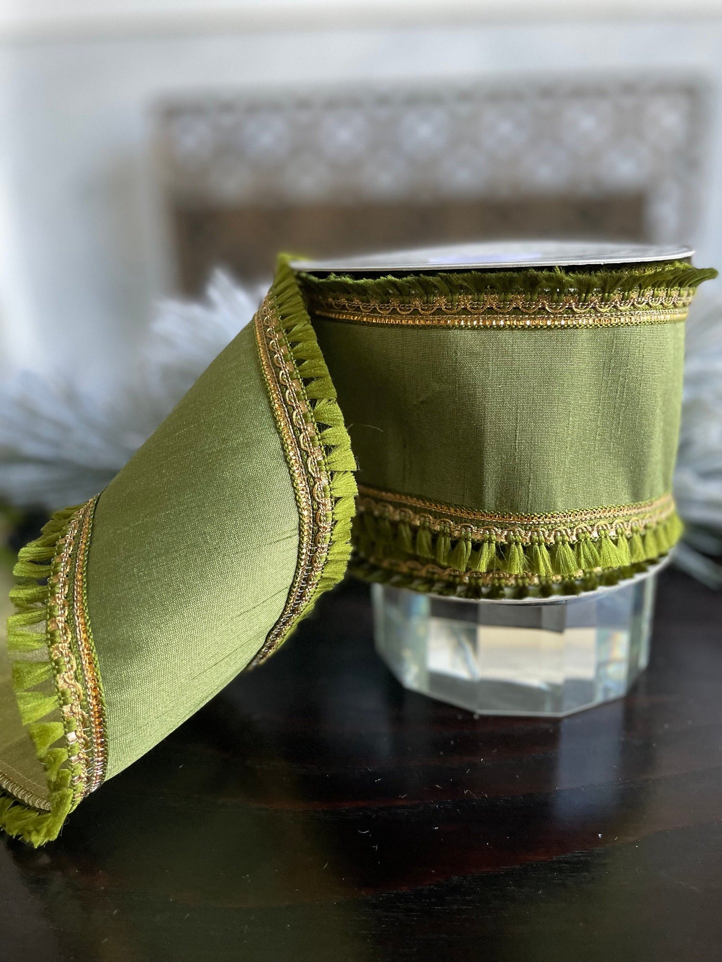 4” x 10 yds. Green tassle trim wired ribbon. Wired. Raz.