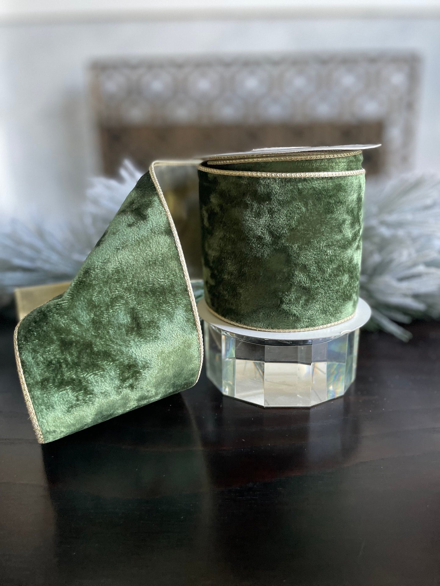 4” X 10 yds Green with gold trim velvet wired ribbon. Raz.