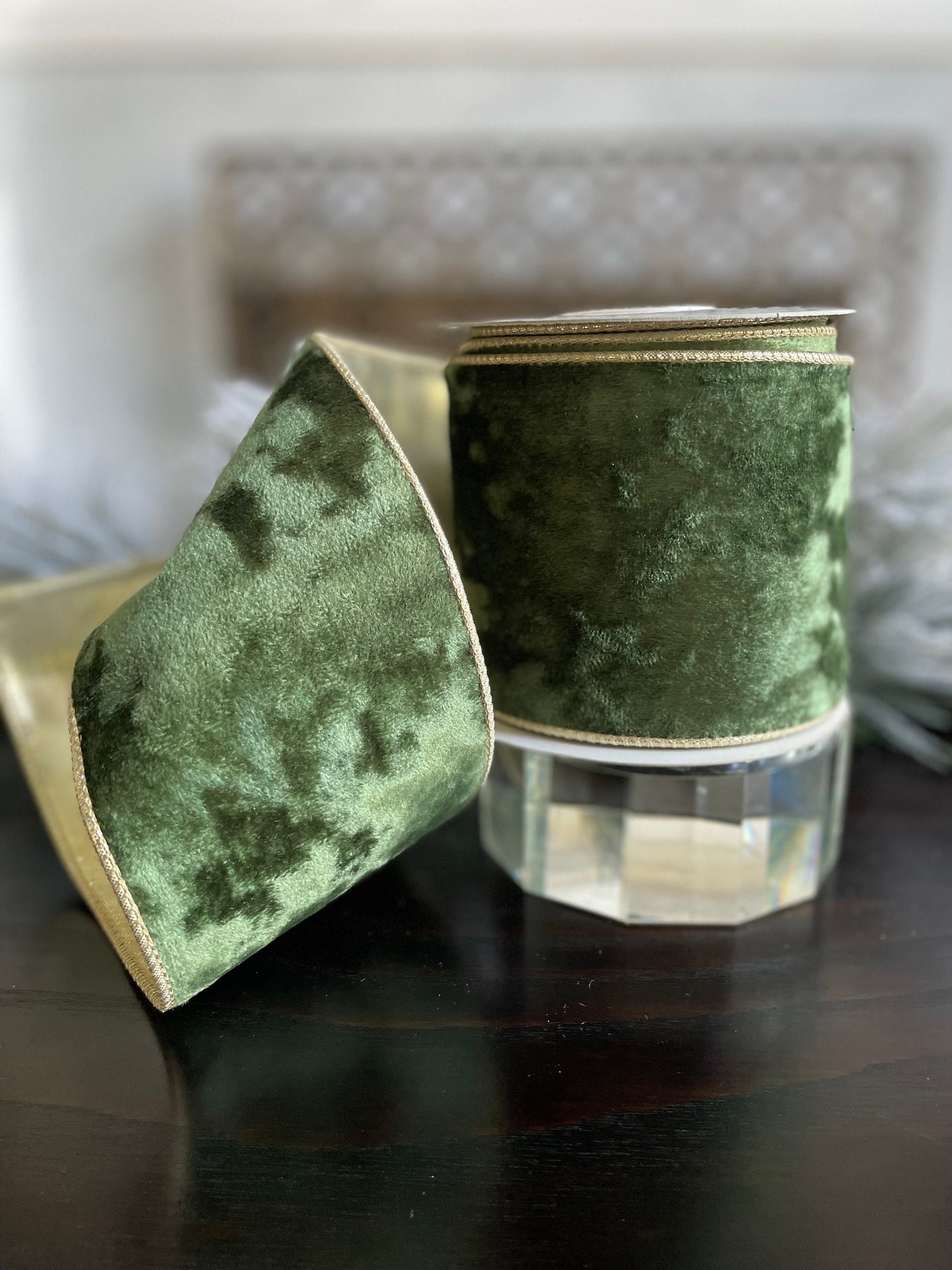 4” X 10 yds Green with gold trim velvet wired ribbon. Raz.
